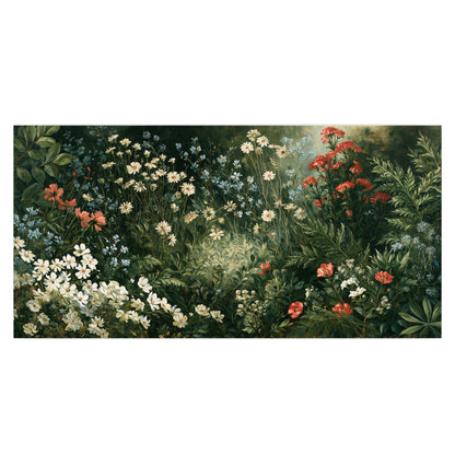 Small white flowers and red blossoms among deep green woodland leaves single poster print viewed straight on