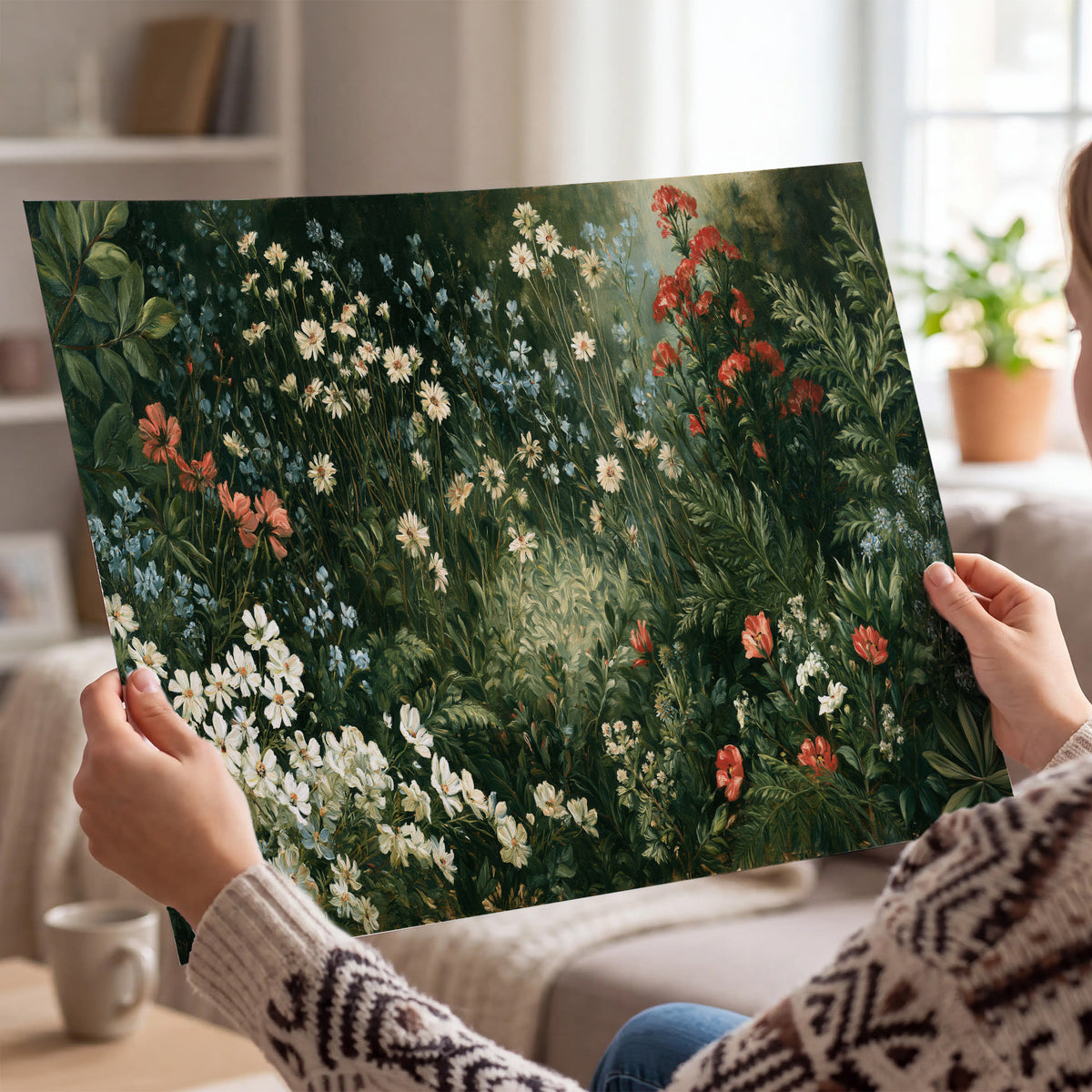 Small white flowers and red blossoms among deep green woodland leaves single poster print held in hands