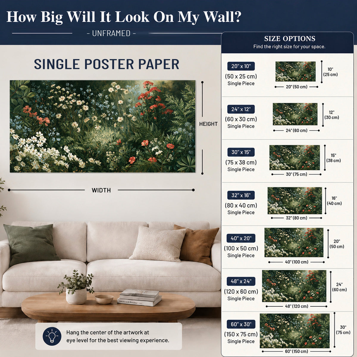 Small white flowers and red blossoms among deep green woodland leaves single poster print size guide above a sofa; room view is illustrative