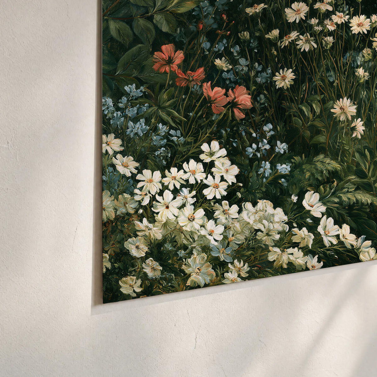 Small white flowers and red blossoms among deep green woodland leaves set of 3 poster prints material and edge close up