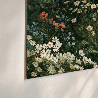 Small white flowers and red blossoms among deep green woodland leaves set of 3 poster prints material and edge close up