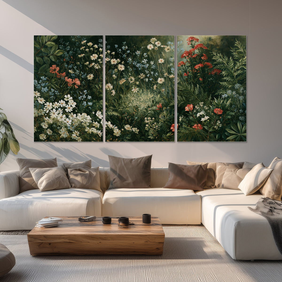 Small white flowers and red blossoms among deep green woodland leaves set of 3 poster prints displayed in a living room