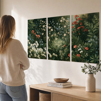 Small white flowers and red blossoms among deep green woodland leaves set of 3 poster prints three panel arrangement on a wall