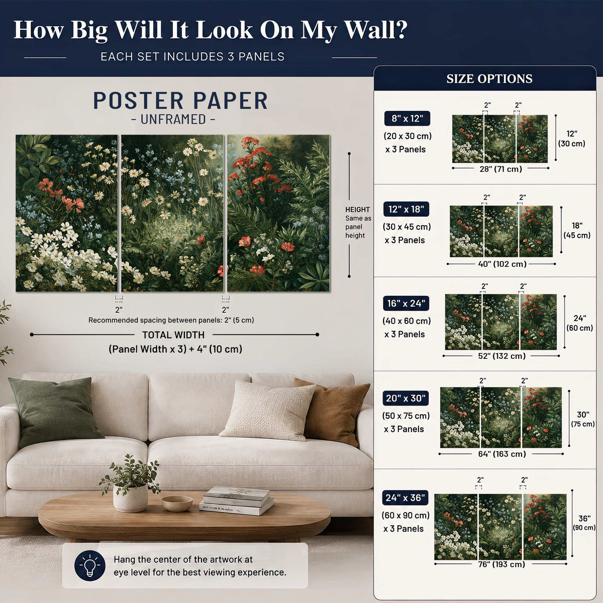 Small white flowers and red blossoms among deep green woodland leaves set of 3 poster prints size guide above a sofa; room view is illustrative