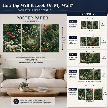 Small white flowers and red blossoms among deep green woodland leaves set of 3 poster prints size guide above a sofa; room view is illustrative