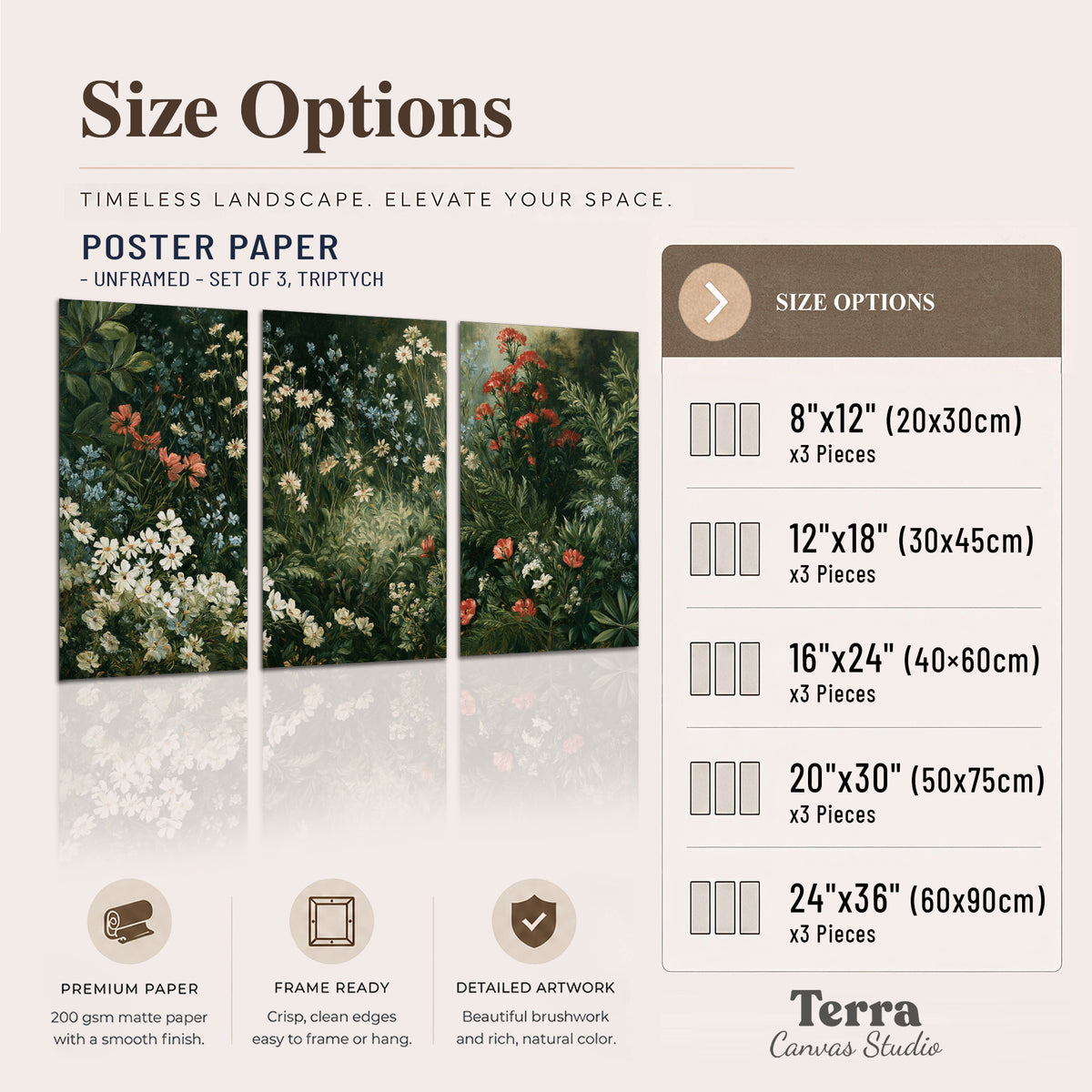 Small white flowers and red blossoms among deep green woodland leaves set of 3 poster prints available dimensions; triptych dimensions are per panel