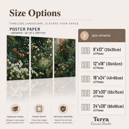 Small white flowers and red blossoms among deep green woodland leaves set of 3 poster prints available dimensions; triptych dimensions are per panel
