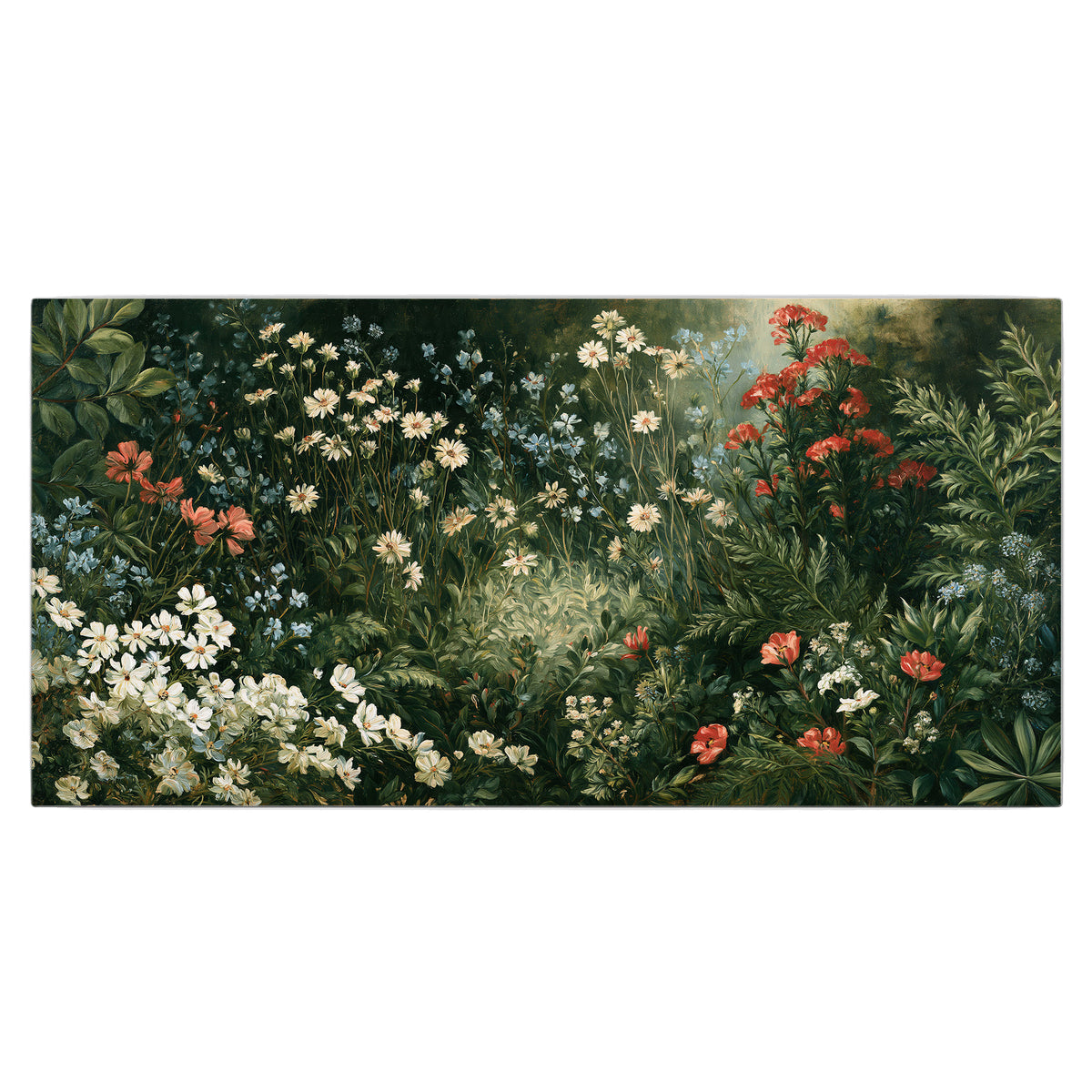 Small white flowers and red blossoms among deep green woodland leaves single canvas wall art viewed straight on