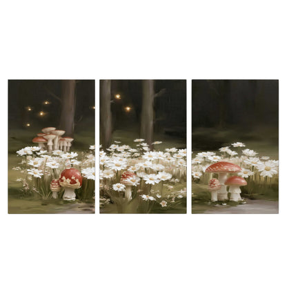 Pale daisies and red-capped mushrooms in a dark meadow with tiny painted points of light 3 piece canvas wall art viewed straight on
