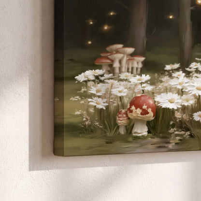 Pale daisies and red-capped mushrooms in a dark meadow with tiny painted points of light 3 piece canvas wall art material and edge close up