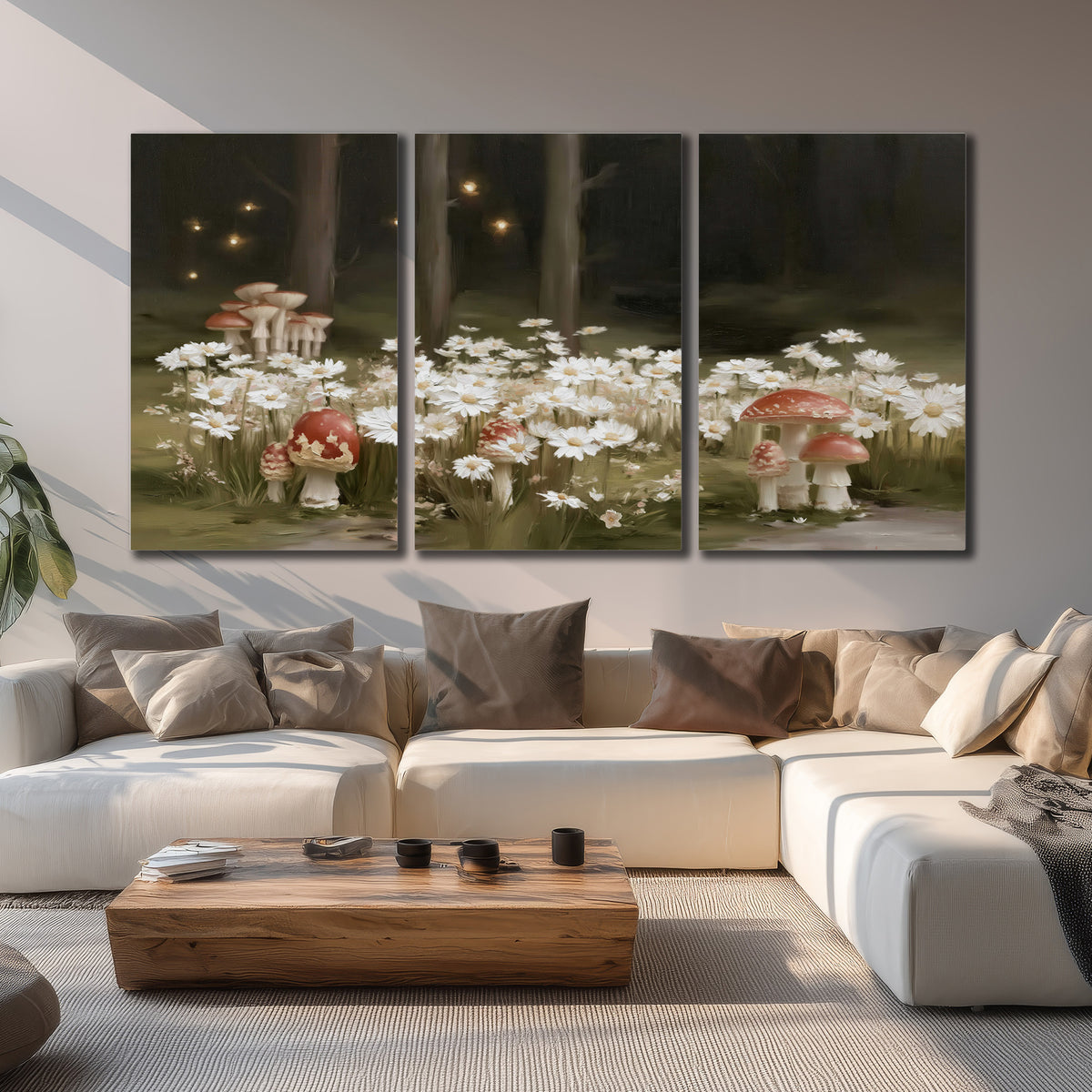 Pale daisies and red-capped mushrooms in a dark meadow with tiny painted points of light 3 piece canvas wall art displayed in a living room