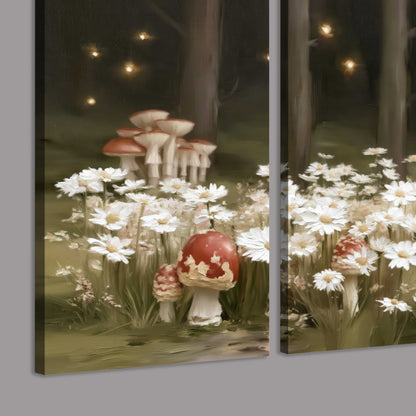 Pale daisies and red-capped mushrooms in a dark meadow with tiny painted points of light 3 piece canvas wall art room and product view