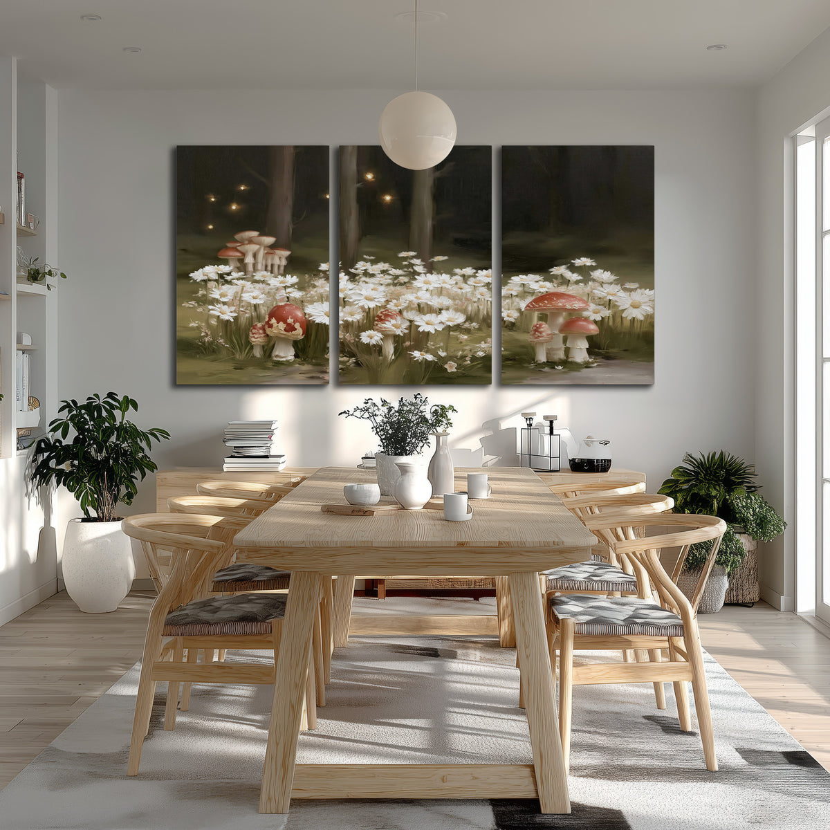 Pale daisies and red-capped mushrooms in a dark meadow with tiny painted points of light 3 piece canvas wall art room and product view