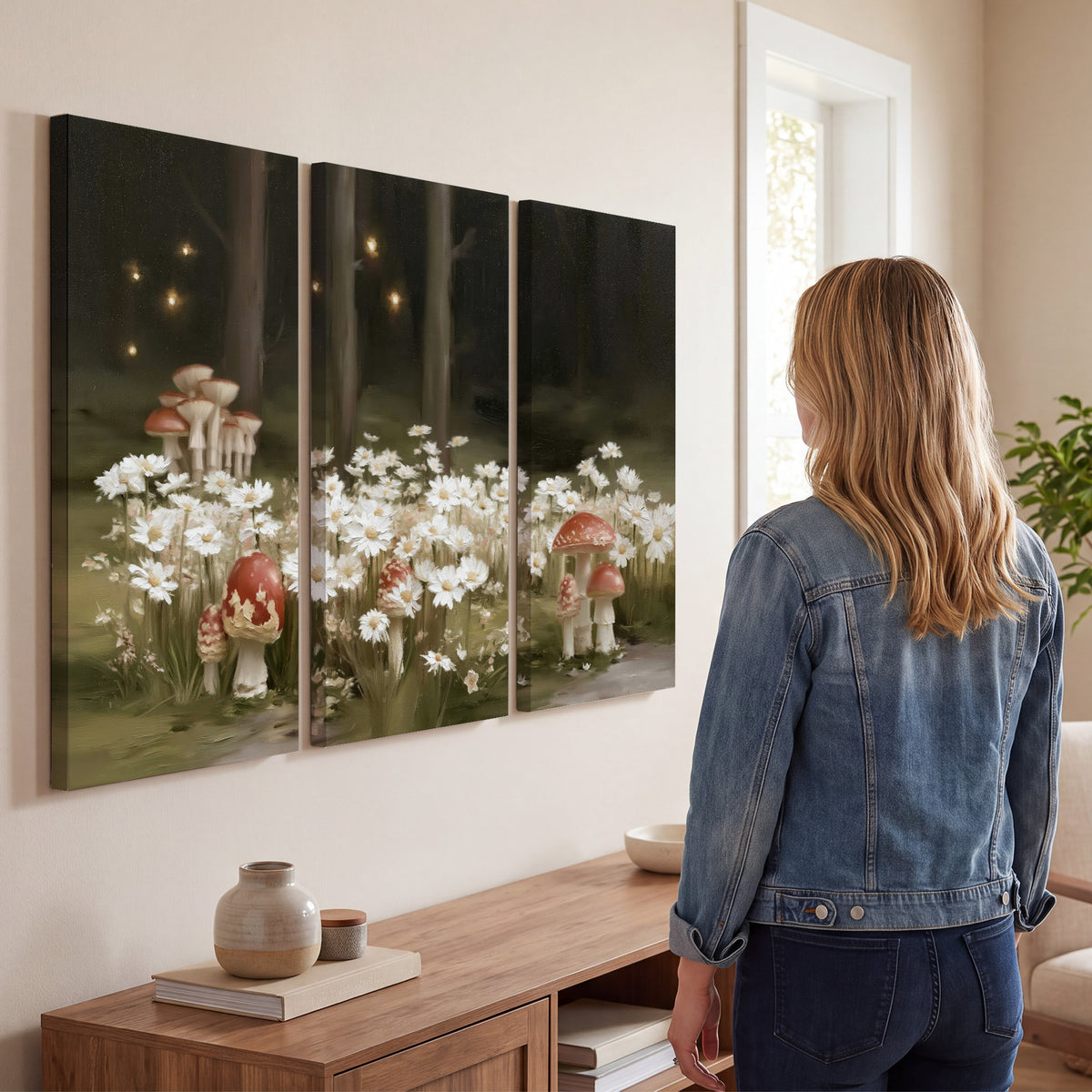 Pale daisies and red-capped mushrooms in a dark meadow with tiny painted points of light 3 piece canvas wall art three panel arrangement on a wall