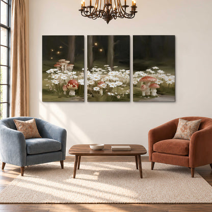 Pale daisies and red-capped mushrooms in a dark meadow with tiny painted points of light 3 piece canvas wall art styled in an interior