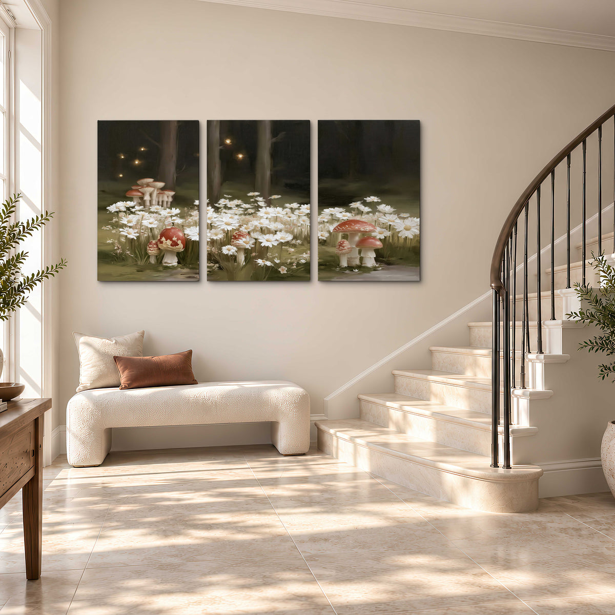 Pale daisies and red-capped mushrooms in a dark meadow with tiny painted points of light 3 piece canvas wall art styled in an interior