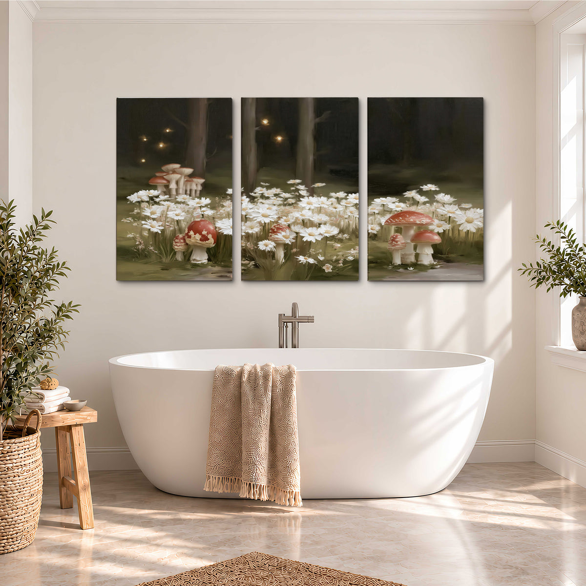 Pale daisies and red-capped mushrooms in a dark meadow with tiny painted points of light 3 piece canvas wall art styled in an interior
