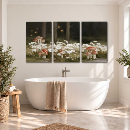 Pale daisies and red-capped mushrooms in a dark meadow with tiny painted points of light 3 piece canvas wall art styled in an interior