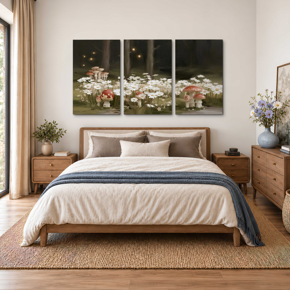 Pale daisies and red-capped mushrooms in a dark meadow with tiny painted points of light 3 piece canvas wall art styled in an interior