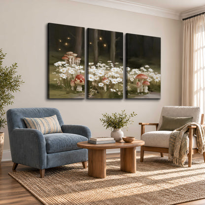 Pale daisies and red-capped mushrooms in a dark meadow with tiny painted points of light 3 piece canvas wall art styled in an interior