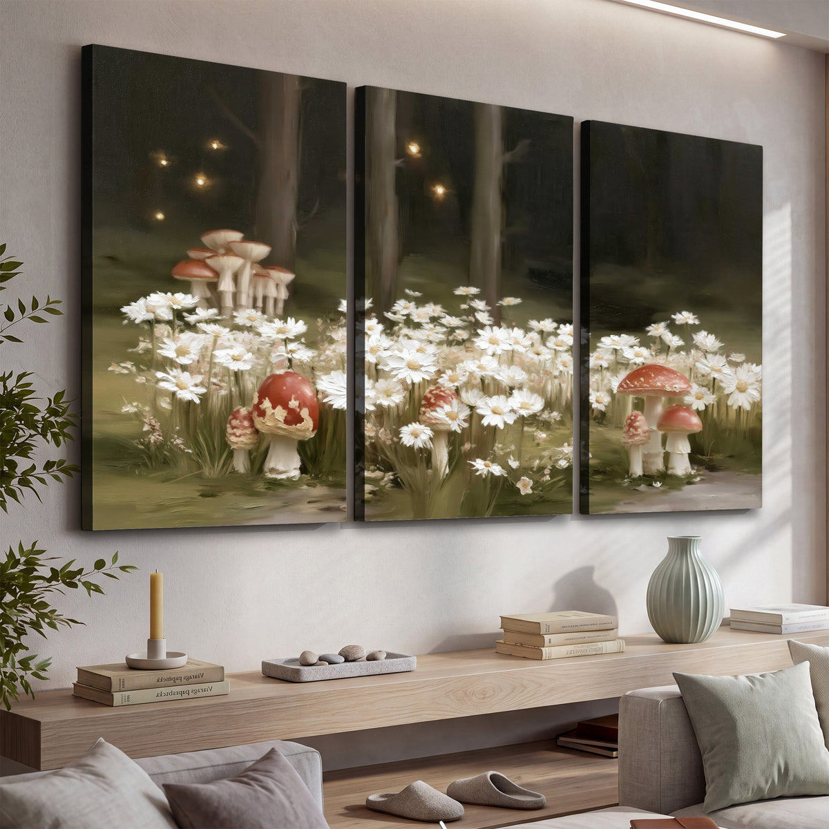Pale daisies and red-capped mushrooms in a dark meadow with tiny painted points of light 3 piece canvas wall art displayed in a console
