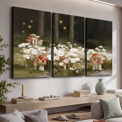 Pale daisies and red-capped mushrooms in a dark meadow with tiny painted points of light 3 piece canvas wall art displayed in a console