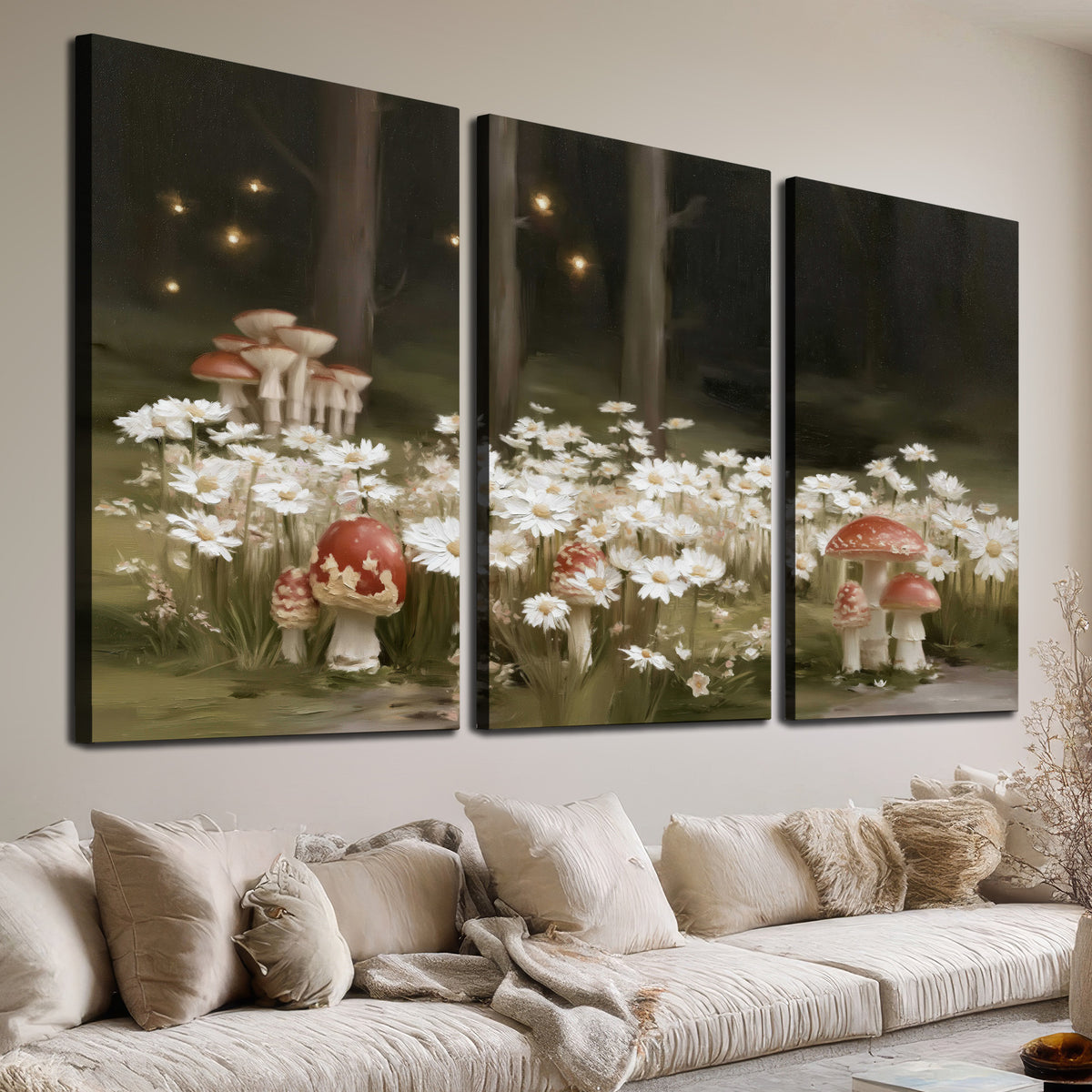 Pale daisies and red-capped mushrooms in a dark meadow with tiny painted points of light 3 piece canvas wall art room and product view