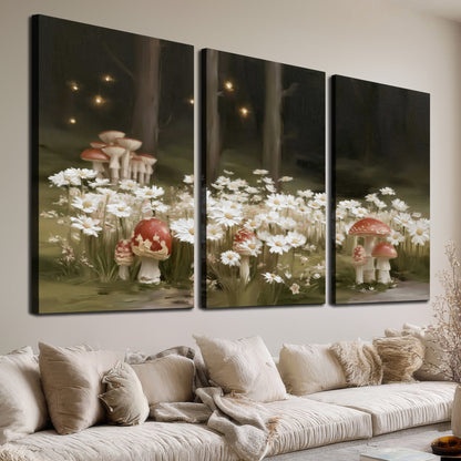 Pale daisies and red-capped mushrooms in a dark meadow with tiny painted points of light 3 piece canvas wall art room and product view