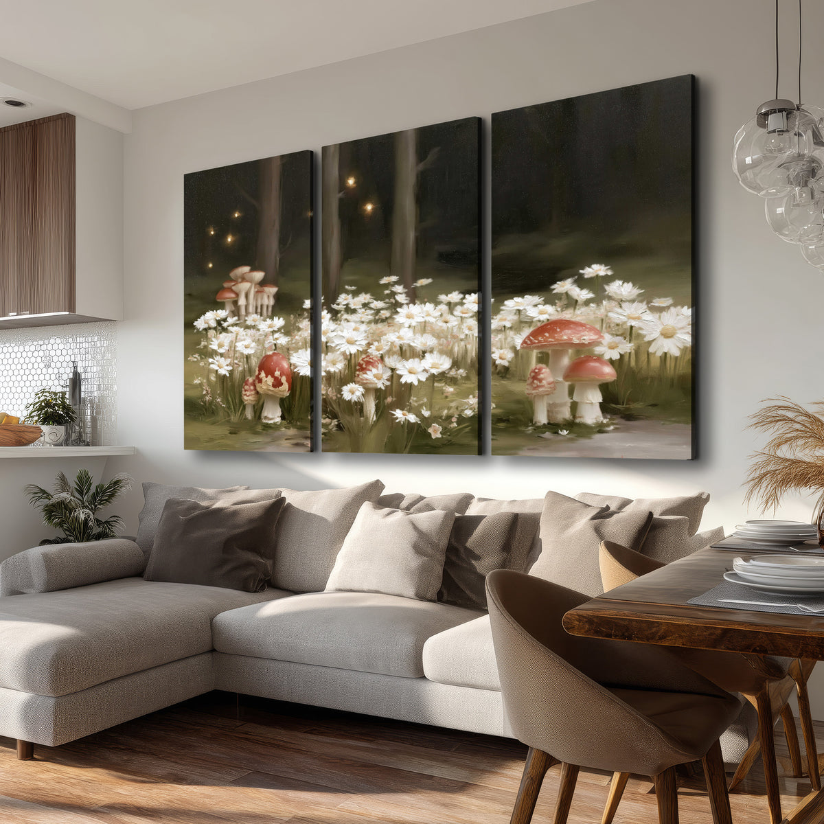 Pale daisies and red-capped mushrooms in a dark meadow with tiny painted points of light 3 piece canvas wall art room and product view