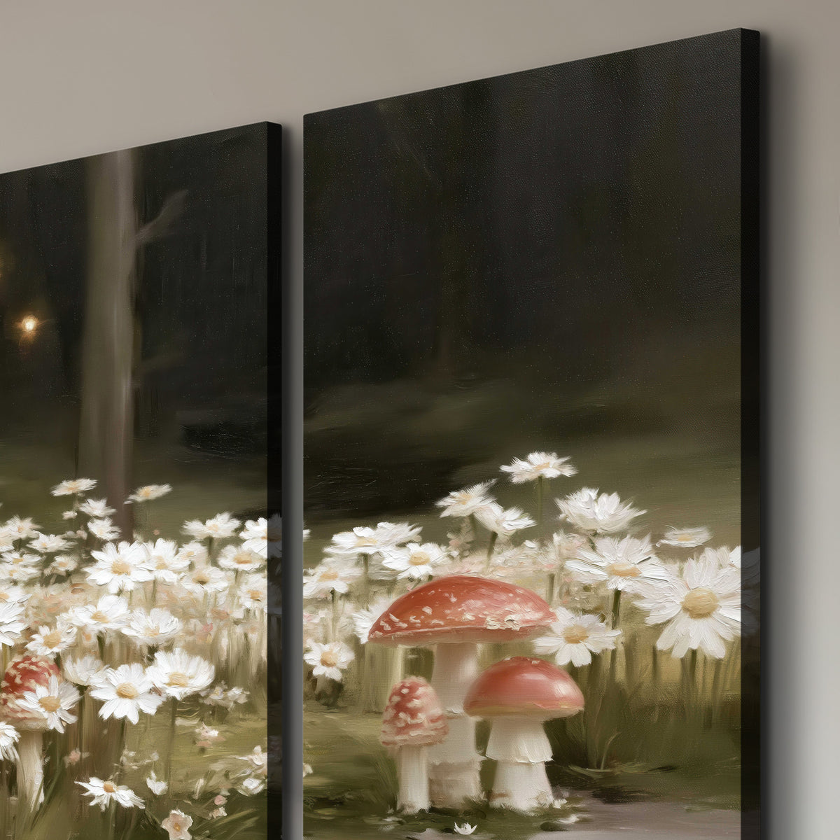 Pale daisies and red-capped mushrooms in a dark meadow with tiny painted points of light 3 piece canvas wall art room and product view