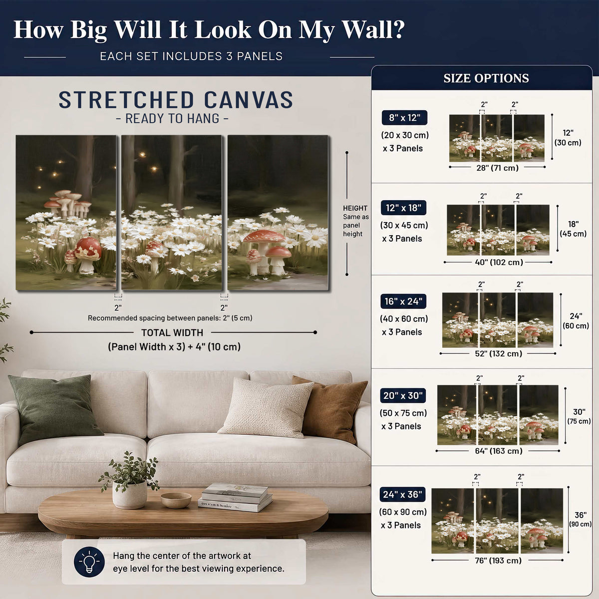 Pale daisies and red-capped mushrooms in a dark meadow with tiny painted points of light 3 piece canvas wall art size guide above a sofa; room view is illustrative