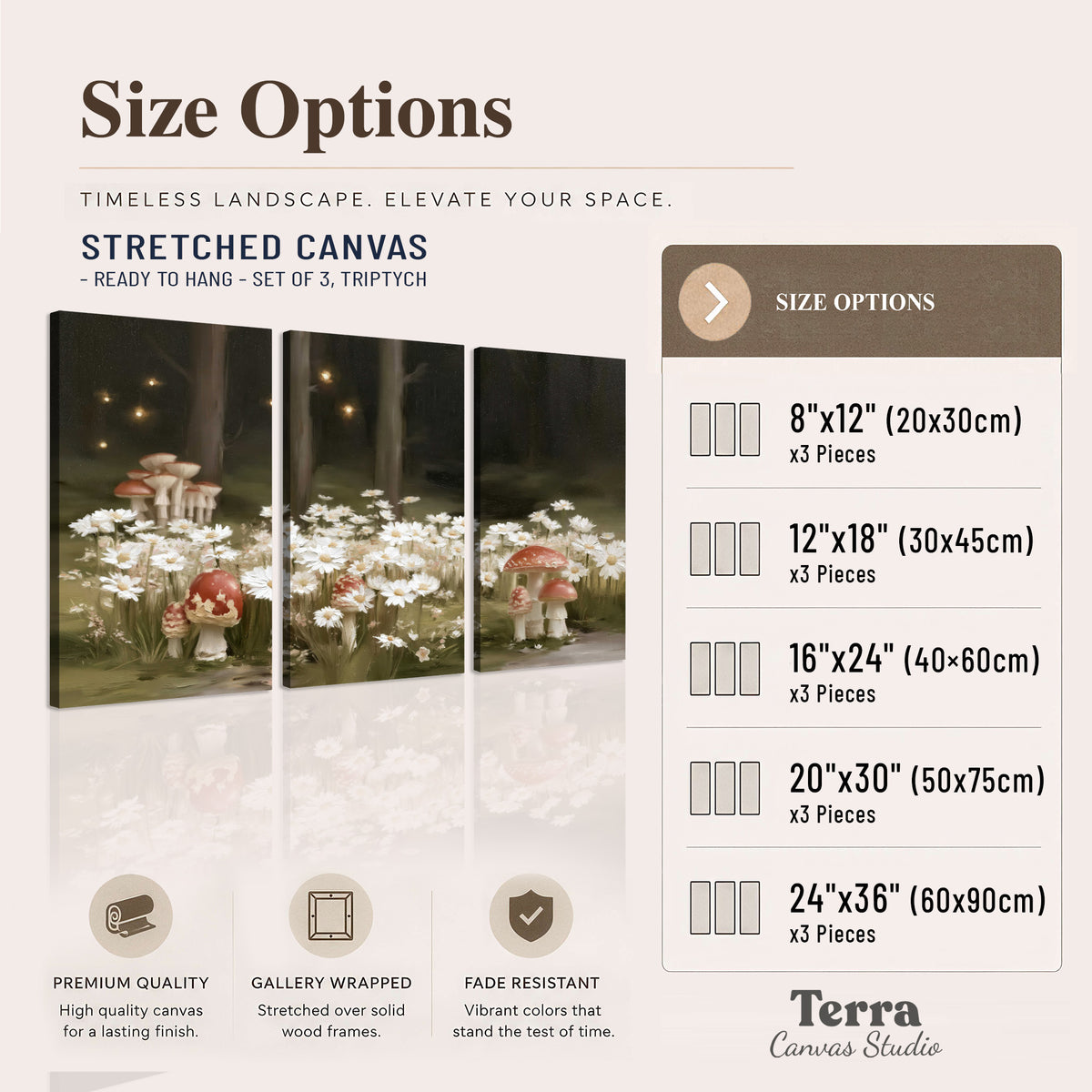 Pale daisies and red-capped mushrooms in a dark meadow with tiny painted points of light 3 piece canvas wall art available dimensions; triptych dimensions are per panel