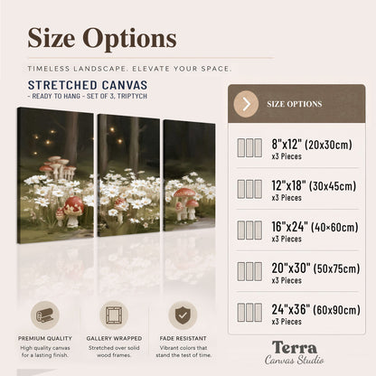 Pale daisies and red-capped mushrooms in a dark meadow with tiny painted points of light 3 piece canvas wall art available dimensions; triptych dimensions are per panel