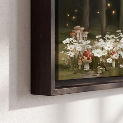Pale daisies and red-capped mushrooms in a dark meadow with tiny painted points of light 3 piece framed canvas wall art material and edge close up