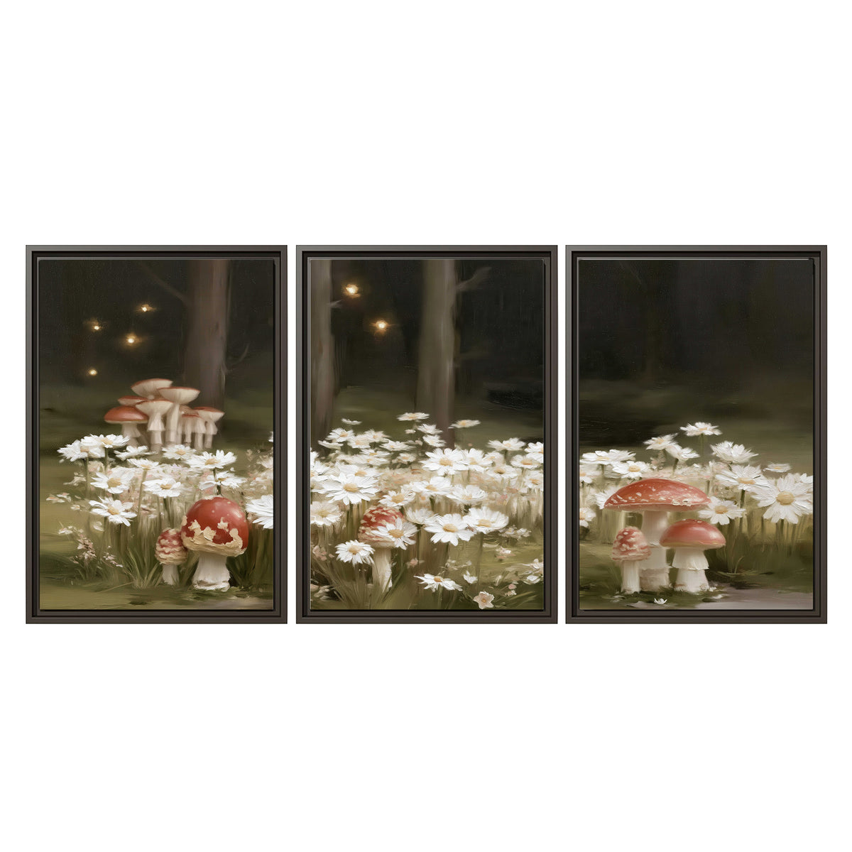 Pale daisies and red-capped mushrooms in a dark meadow with tiny painted points of light 3 piece framed canvas wall art viewed straight on