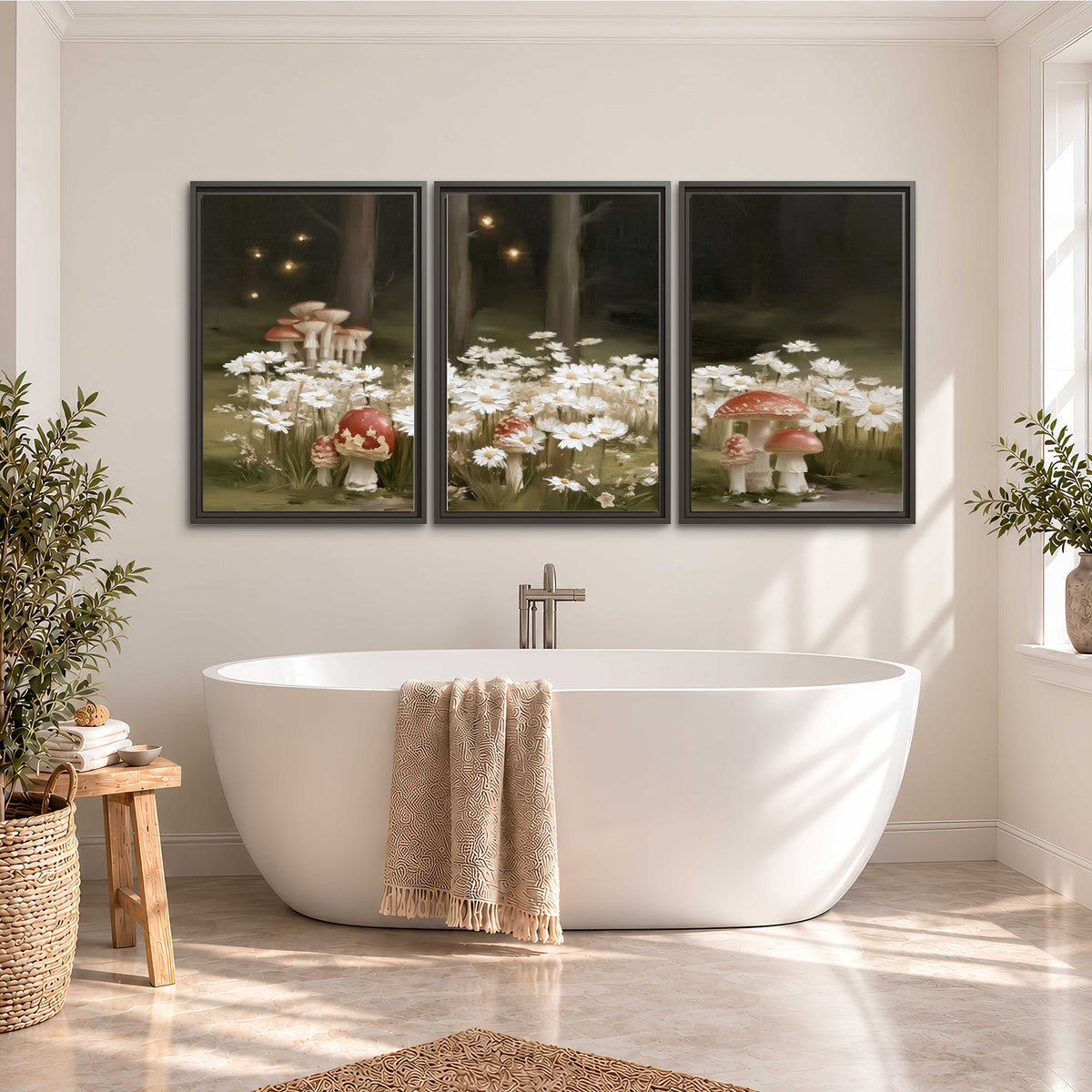 Pale daisies and red-capped mushrooms in a dark meadow with tiny painted points of light 3 piece framed canvas wall art styled in an interior