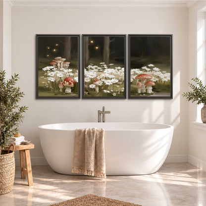Pale daisies and red-capped mushrooms in a dark meadow with tiny painted points of light 3 piece framed canvas wall art styled in an interior