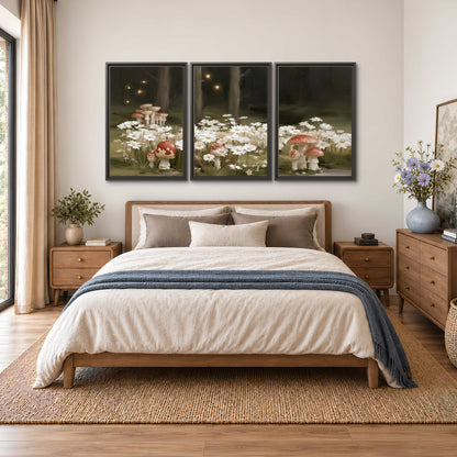 Pale daisies and red-capped mushrooms in a dark meadow with tiny painted points of light 3 piece framed canvas wall art styled in an interior