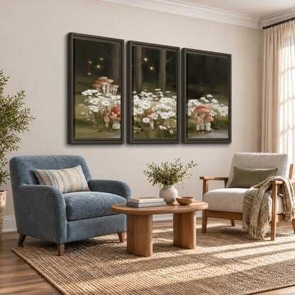 Pale daisies and red-capped mushrooms in a dark meadow with tiny painted points of light 3 piece framed canvas wall art styled in an interior