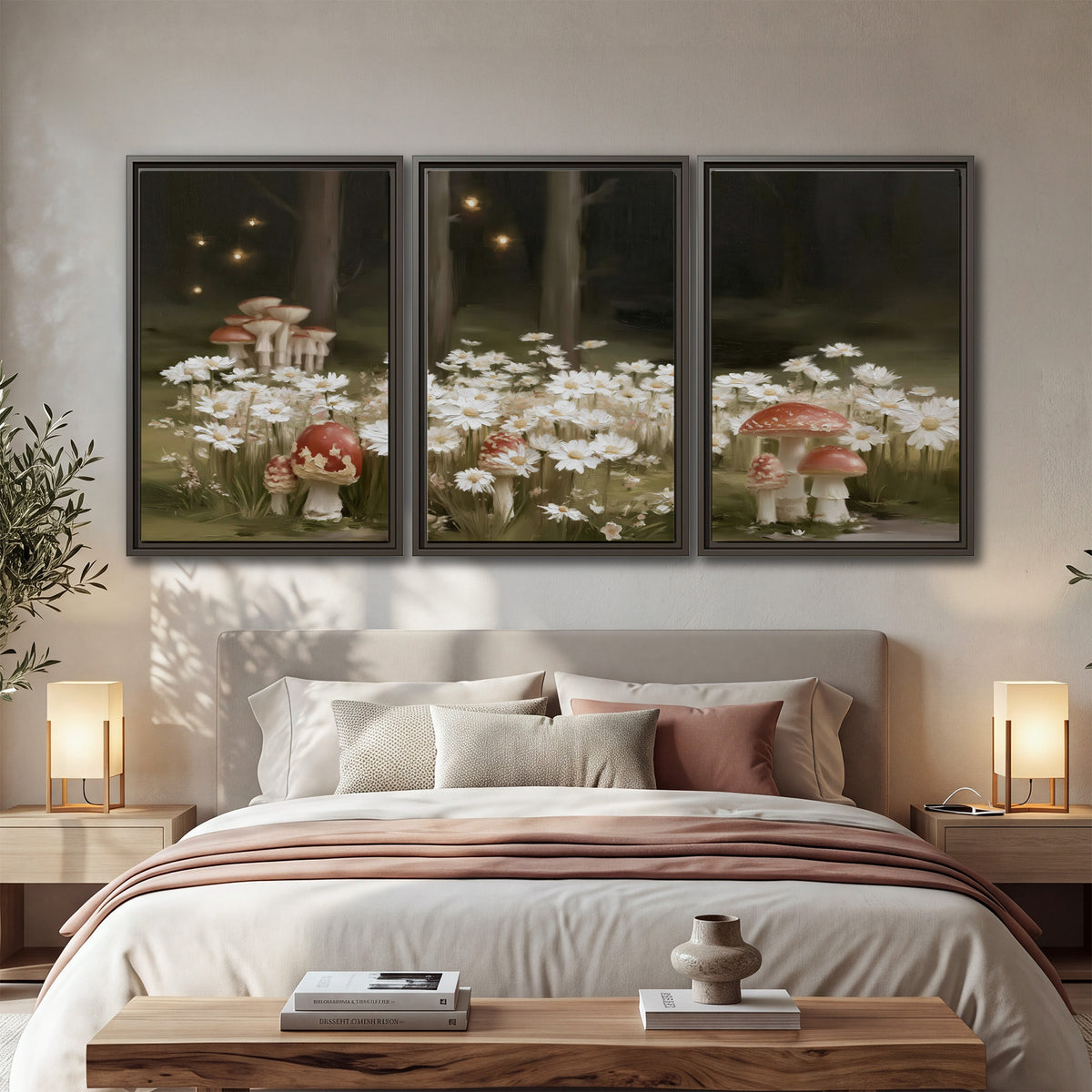 Pale daisies and red-capped mushrooms in a dark meadow with tiny painted points of light 3 piece framed canvas wall art displayed in a bedroom