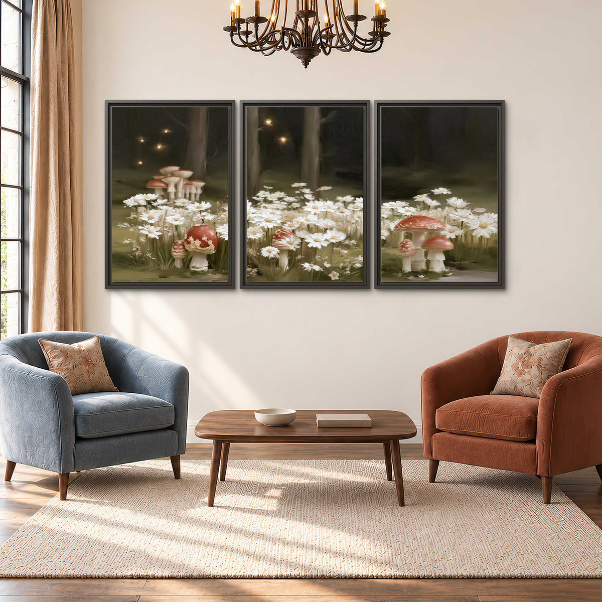 Pale daisies and red-capped mushrooms in a dark meadow with tiny painted points of light 3 piece framed canvas wall art styled in an interior