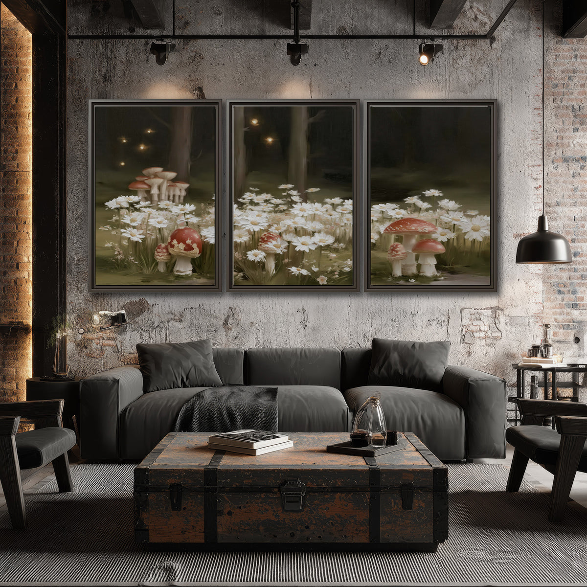Pale daisies and red-capped mushrooms in a dark meadow with tiny painted points of light 3 piece framed canvas wall art displayed in a industrial room