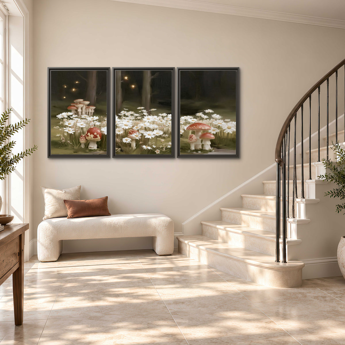 Pale daisies and red-capped mushrooms in a dark meadow with tiny painted points of light 3 piece framed canvas wall art styled in an interior