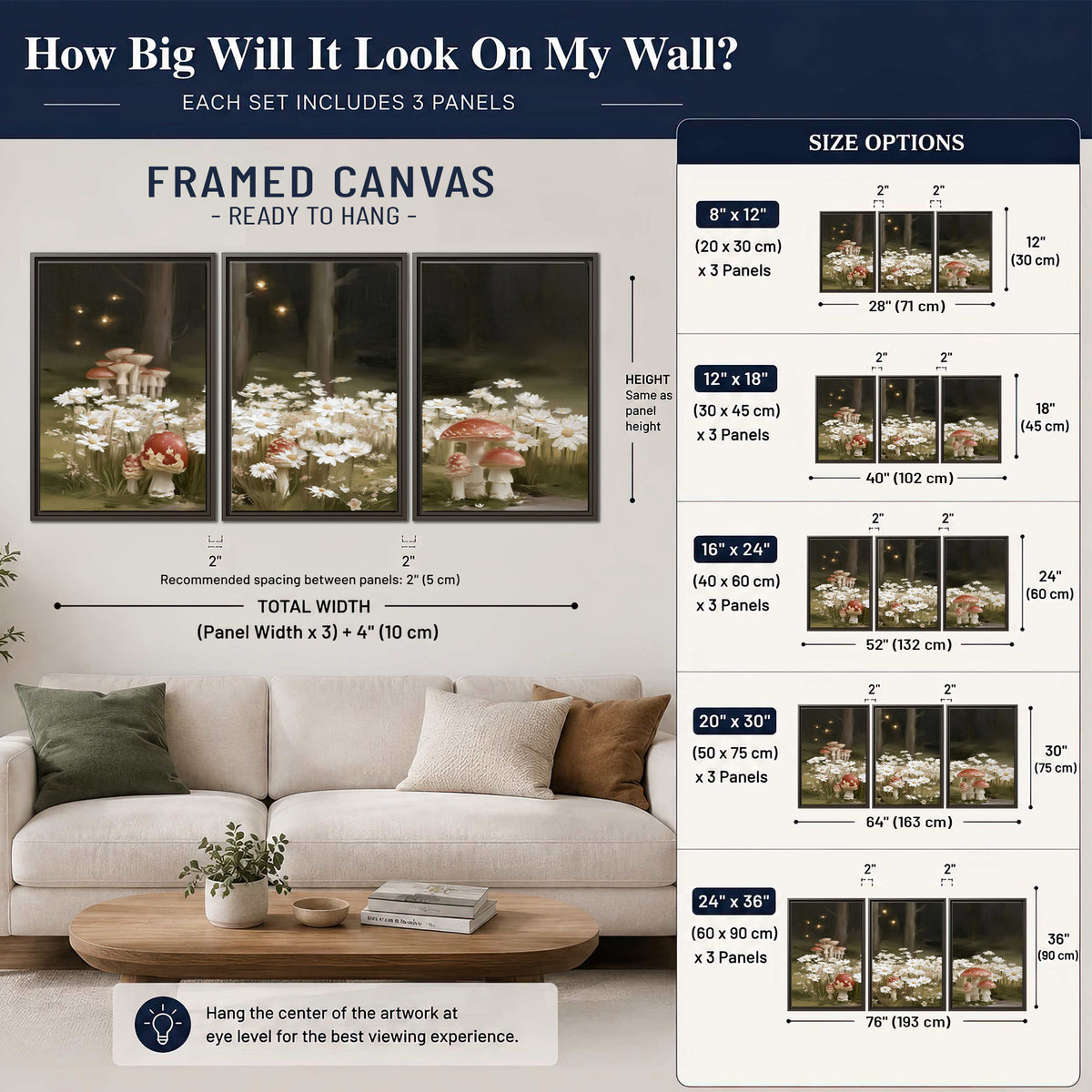 Pale daisies and red-capped mushrooms in a dark meadow with tiny painted points of light 3 piece framed canvas wall art size guide above a sofa; room view is illustrative