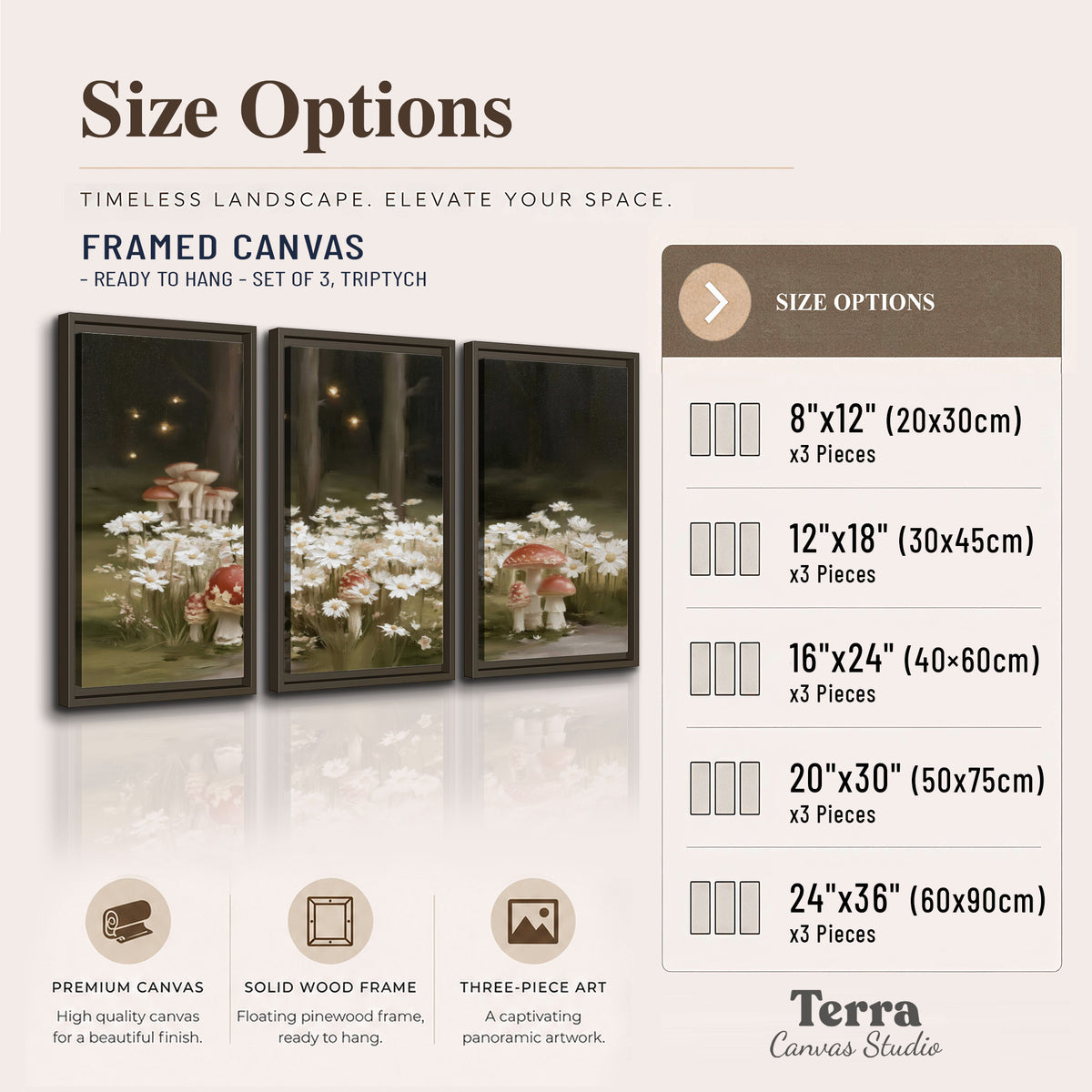 Pale daisies and red-capped mushrooms in a dark meadow with tiny painted points of light 3 piece framed canvas wall art available dimensions; triptych dimensions are per panel