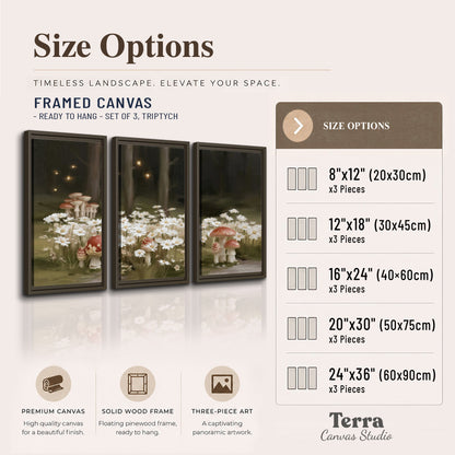 Pale daisies and red-capped mushrooms in a dark meadow with tiny painted points of light 3 piece framed canvas wall art available dimensions; triptych dimensions are per panel