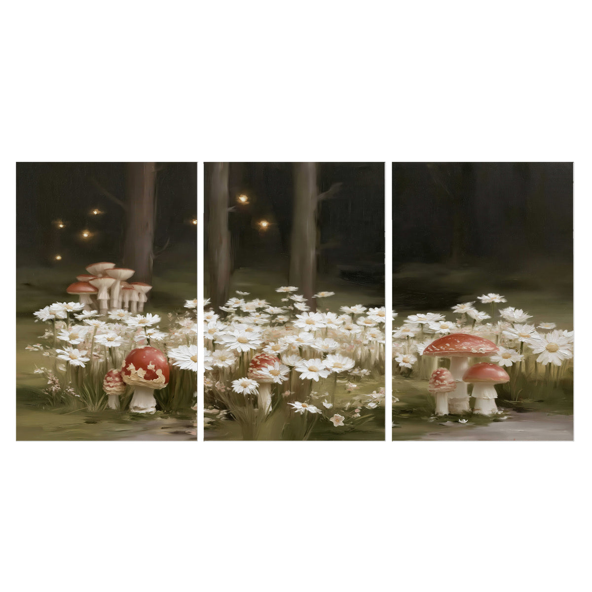 Pale daisies and red-capped mushrooms in a dark meadow with tiny painted points of light set of 3 poster prints viewed straight on