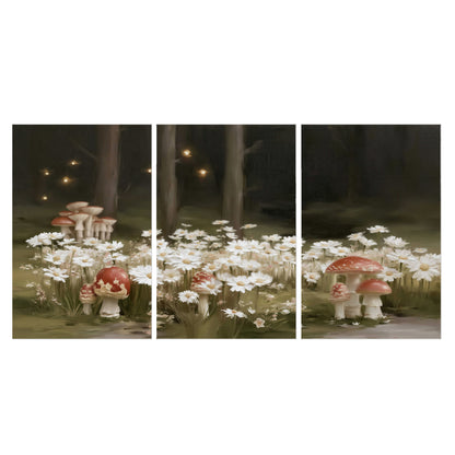 Pale daisies and red-capped mushrooms in a dark meadow with tiny painted points of light set of 3 poster prints viewed straight on
