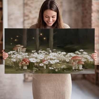 Pale daisies and red-capped mushrooms in a dark meadow with tiny painted points of light single canvas wall art held in hands