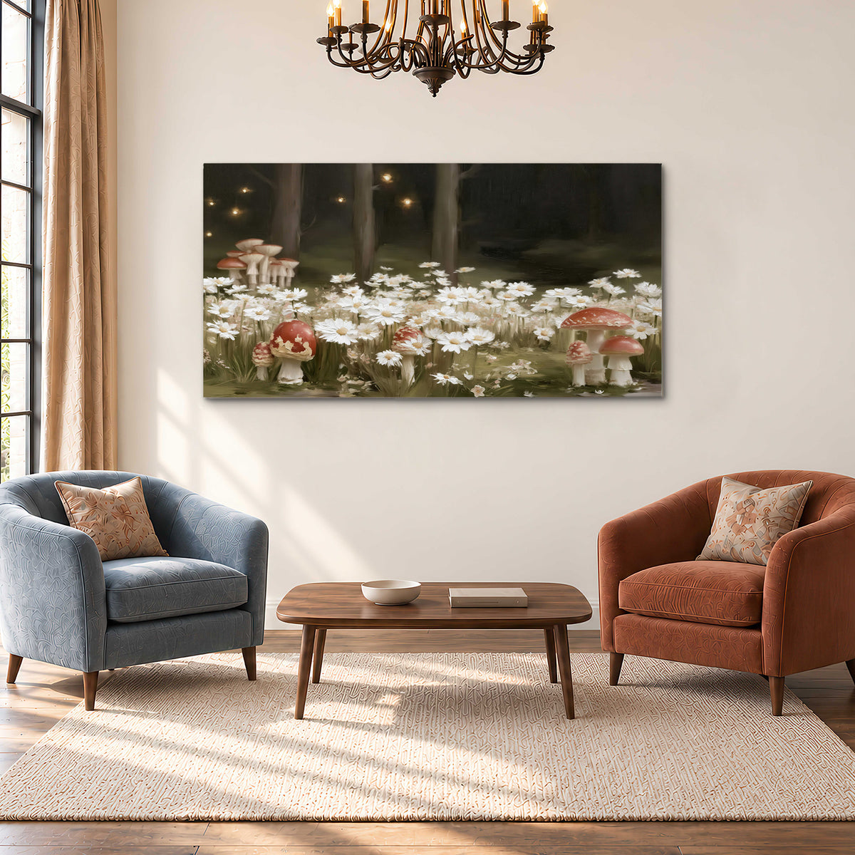 Pale daisies and red-capped mushrooms in a dark meadow with tiny painted points of light single canvas wall art styled in an interior